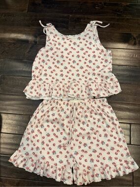 Girls White Strawberry Ruffle Tank & Shorts Set - Soft Summer Two-Piece